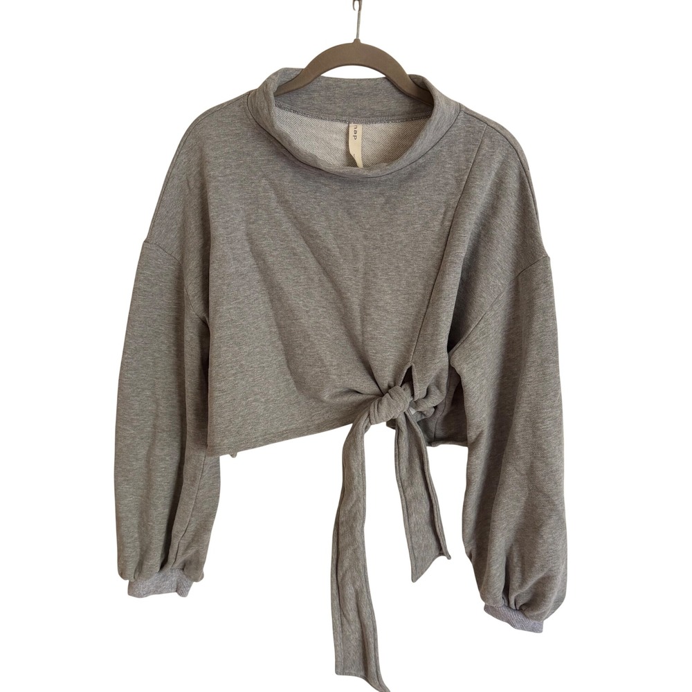 NAP Loungewear Women Grey Cropped Tie Front Mock Neck Sweatshirt M 21R10TP106